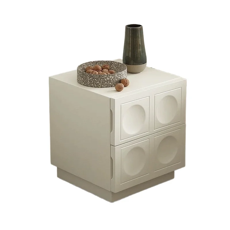 *Simple wooden two-drawer bedside table, round relief, hotel white bedroom