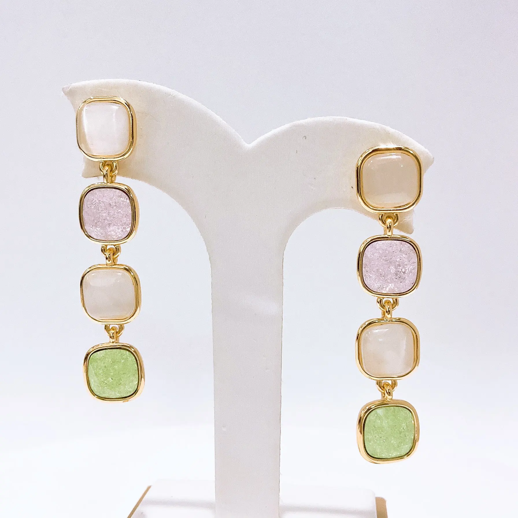 New Arrivals Trendy Work-Friendly Layered Pastel Square Gemstone Drop Earrings – Gold-Tone White/Pink/Green Dangles Lightweight