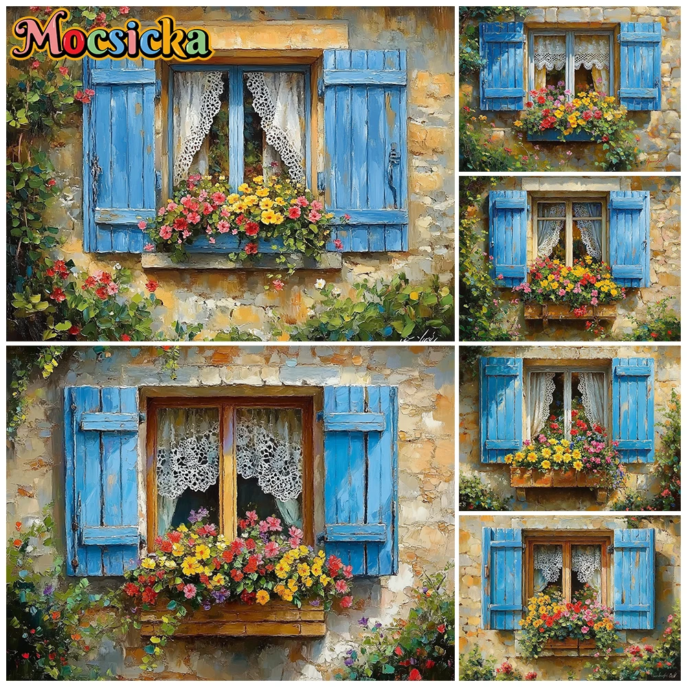 Mocsicka Countryside Blue Wooden Window Photo Backdrop Oil Painting Floral Stone Wall Background Flowers Photography Decorations