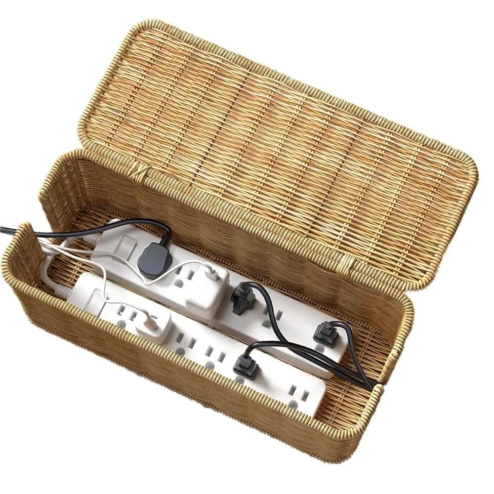 Handwoven Cable Management Box with Lid Hide Power Strip and Router Cord Organizer Hider Box 2 Open Slots Imitation Rattan Box
