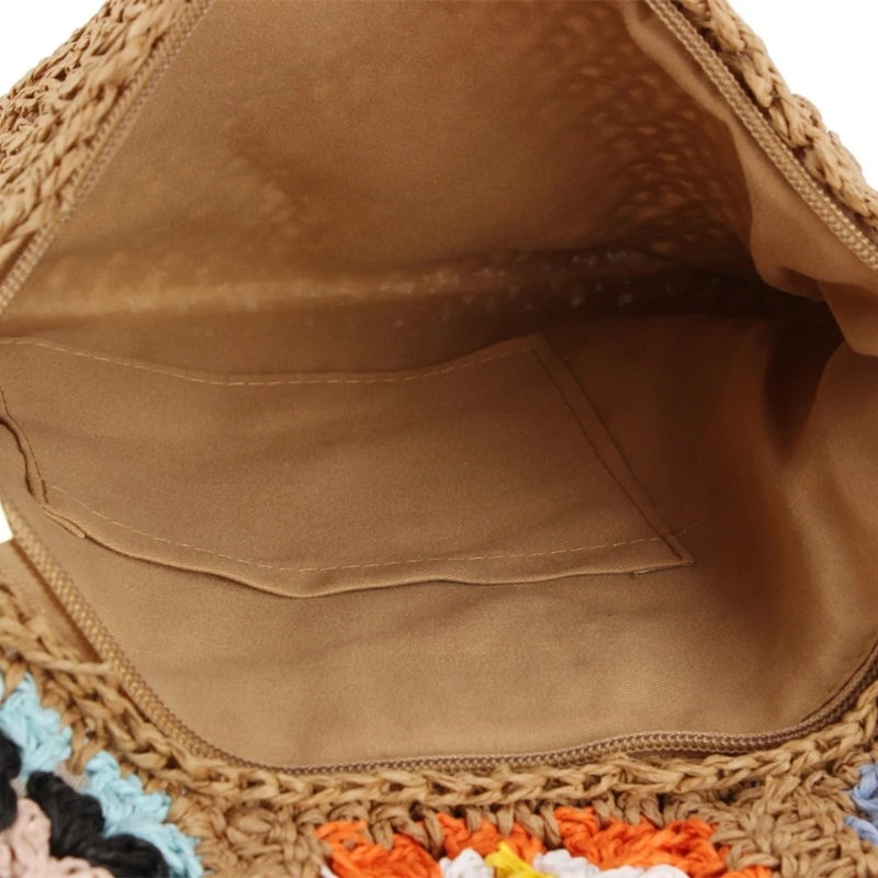 Woven Paper Rope Shoulder Bag Ethnic Vintage Colorful Flower Crocheted Crossbody Bag with Zippered for Beach Vacation