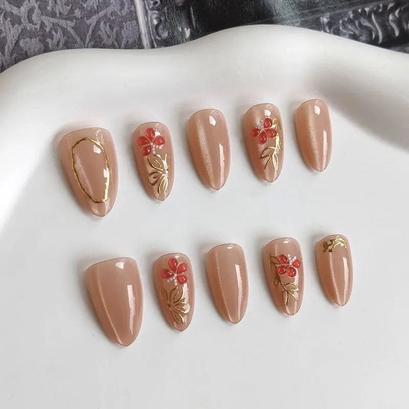 10Pcs New Chinese Style Nude Pink Short Almond Press On Nails Gentle Style Gilded 3D Butterfly Flower With Cat Eye Nails Plate