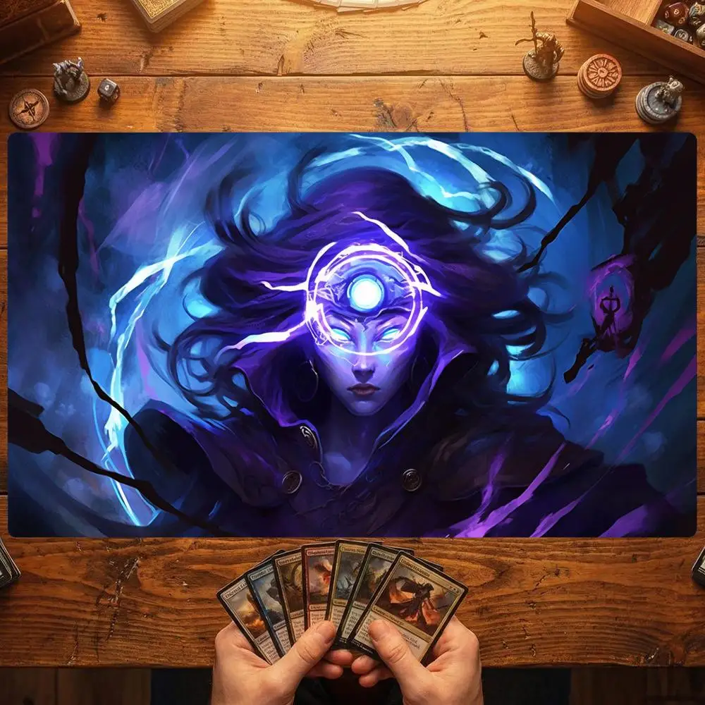 Void Arcane Sorceress TCG Playmat 35X60CM Purple Lightning Magic Card Battle Mat Non-Slip Durable Stitched Edge TCG Playmat