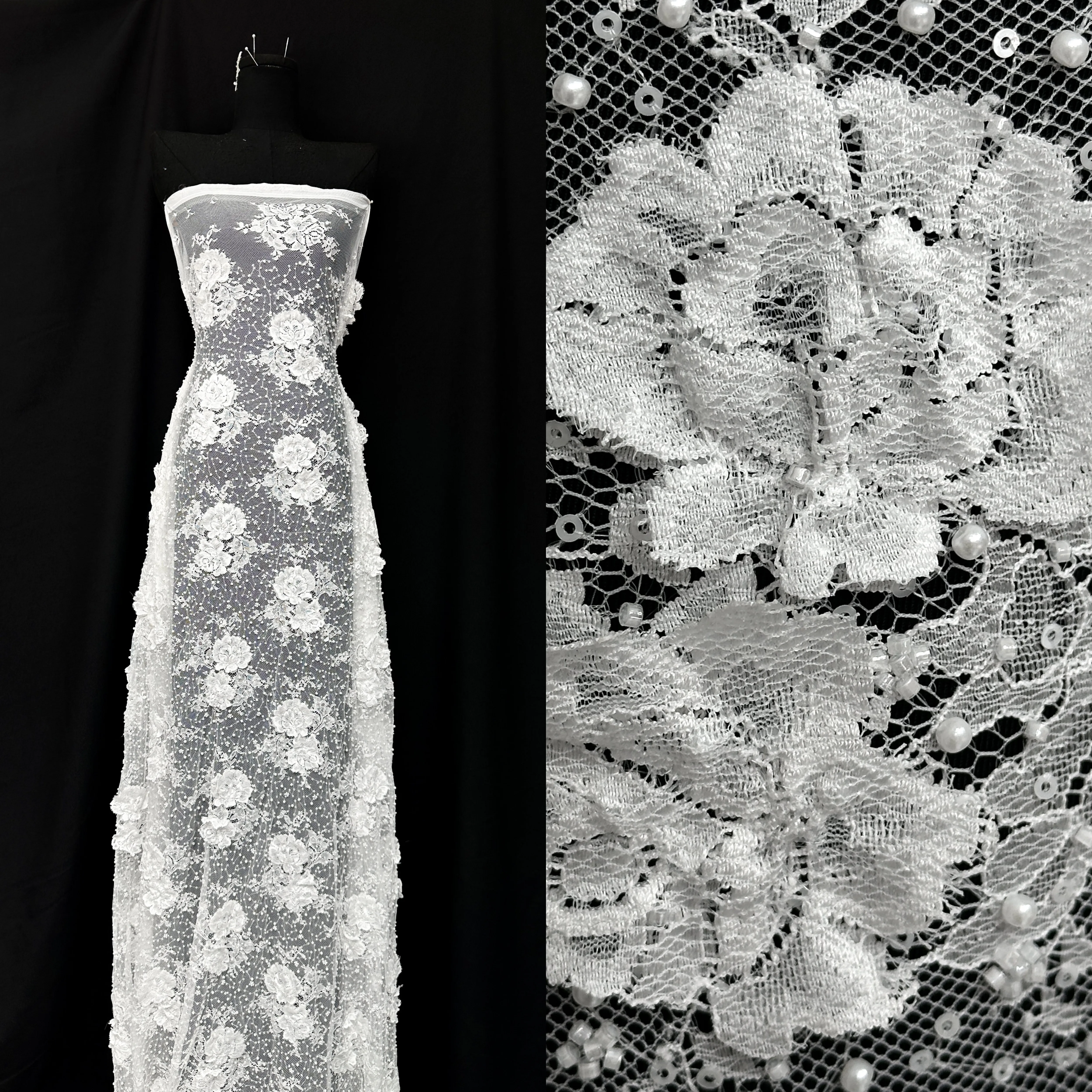 

Classic French Style European Bridal Lace Beaded Net Mesh Lace Fabric For Nigerian Wedding Party Dress Beads Embroidery Sequins