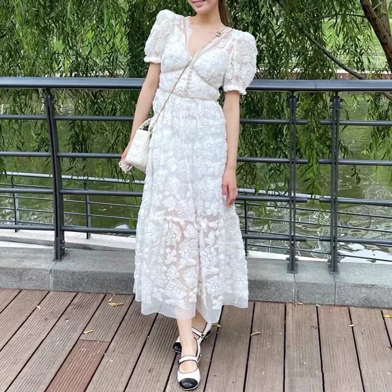 Women's Maxi Dress 2024 New Spring Summer Diamond Design Lace V-neck Sweet Short Sleeve Robes