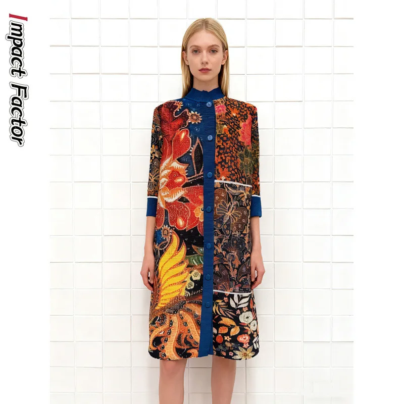 miyake-niche-haut-de-gamme-sens-mode-couleur-contrastee-revers-simple-boutonnage-imprime-robe-plissee-femmes-robe-drapee-ample
