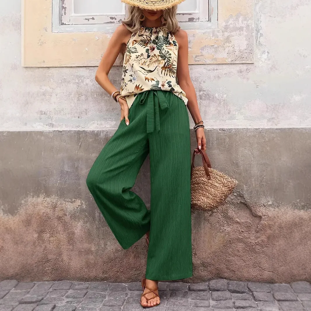 

Модный топ без рукавов с принтом, комплект из двух предметов на весну и лето, новый сексуальный жилет с подвесным воротником, брюки, женский комплект