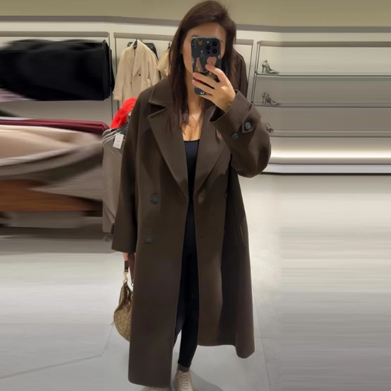 معطف نسائي من HXAO مصنوع من صوف التويد البني ومعاطف يمزج ملابس خارجية للموسم الديمي معطف طويل كبير الحجم معاطف نسائية بأكمام طويلة