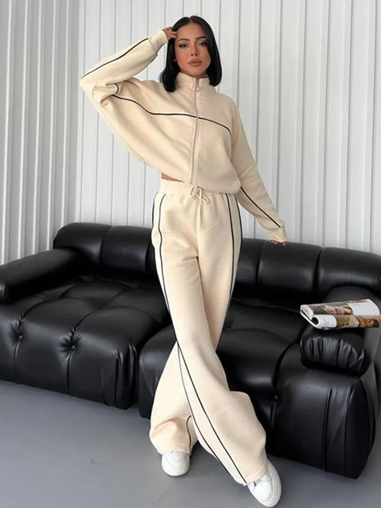 FSMG Casual Oversize a righe mezzo collo alto cerniere set sportivi felpa a maniche lunghe da donna pantaloni in vita elastica set da 2 pezzi