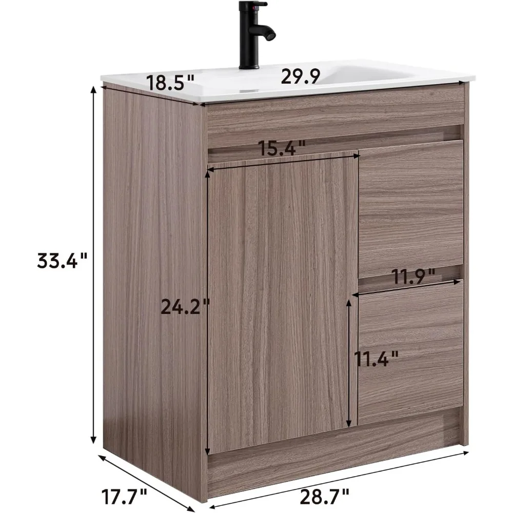 Vaidade de banheiro de 30 polegadas com pia undermount, armário de madeira grossa, portas e gavetas com fechamento suave