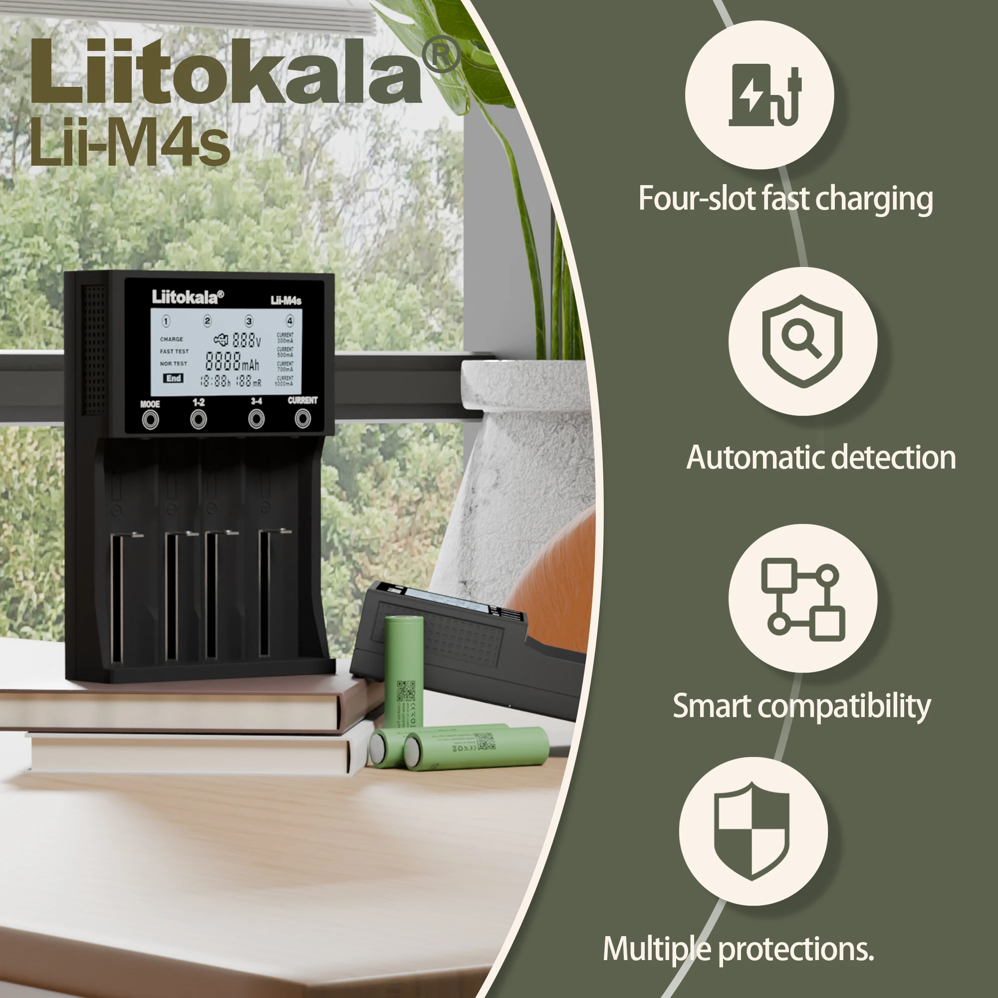 Carregador de Bateria Inteligente LiitoKala Lii-M4S18650 com Display LCD para 26650 21700 32650 18500 20700 16340 CR123A AA AAA