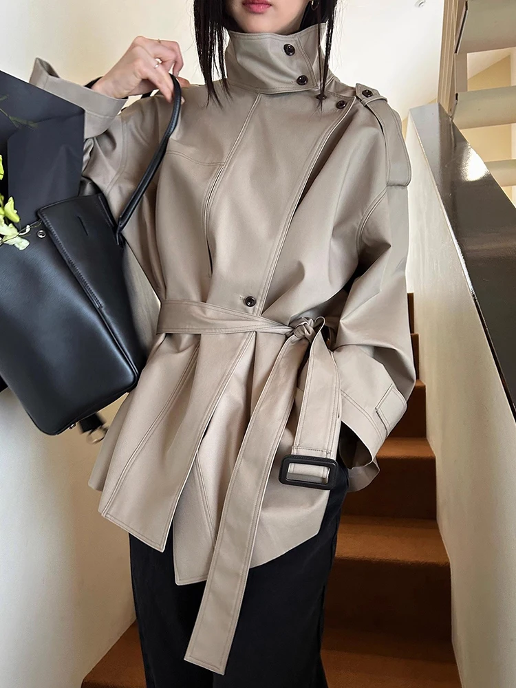 

Ele Long Sve ветровка женское пальто с поясом на талии для похудения воротник-стойка с завязкой на талии дизайн корейская верхняя одежда