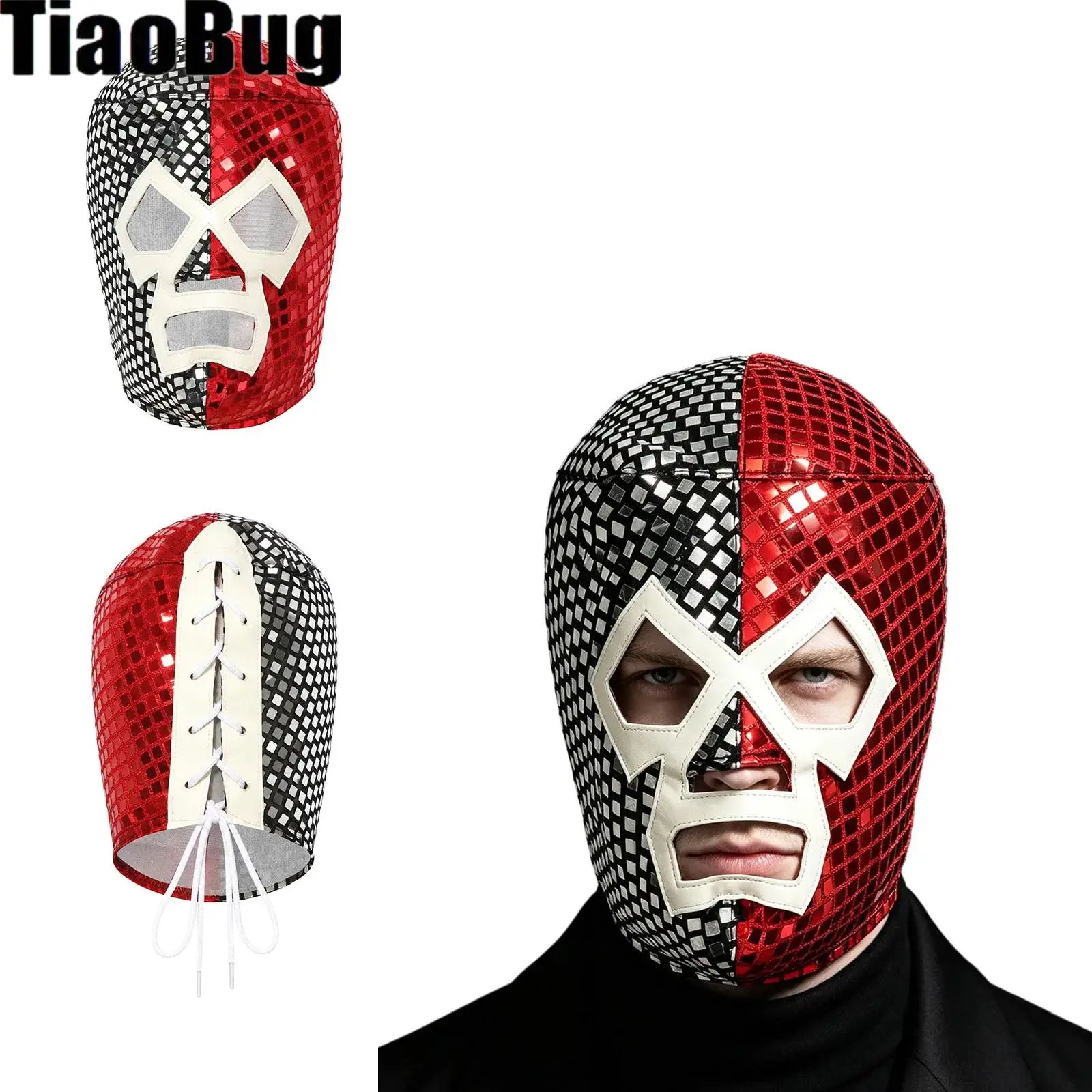 Men Shiny Sequin Mask Headgear Lace-up Hood Costume Accessory for Halloween Role-playing Theme Party