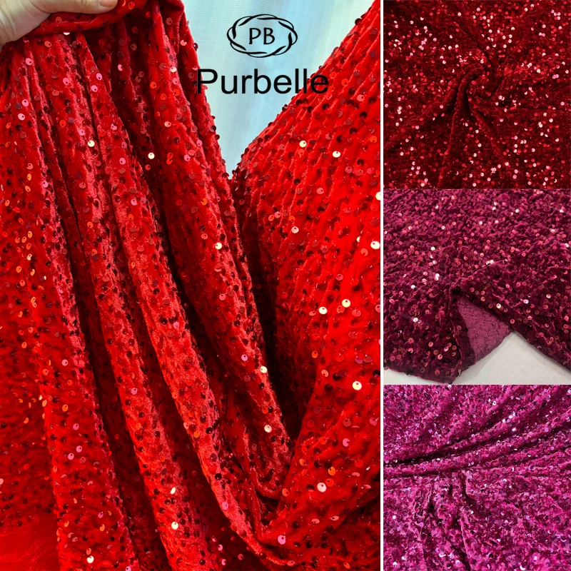 Red 2-way Stretch Sequins Velvet Fabric Spandex Velour Apparel, Costume, Events, Decoration,Dance Wear DIY Sewing Material