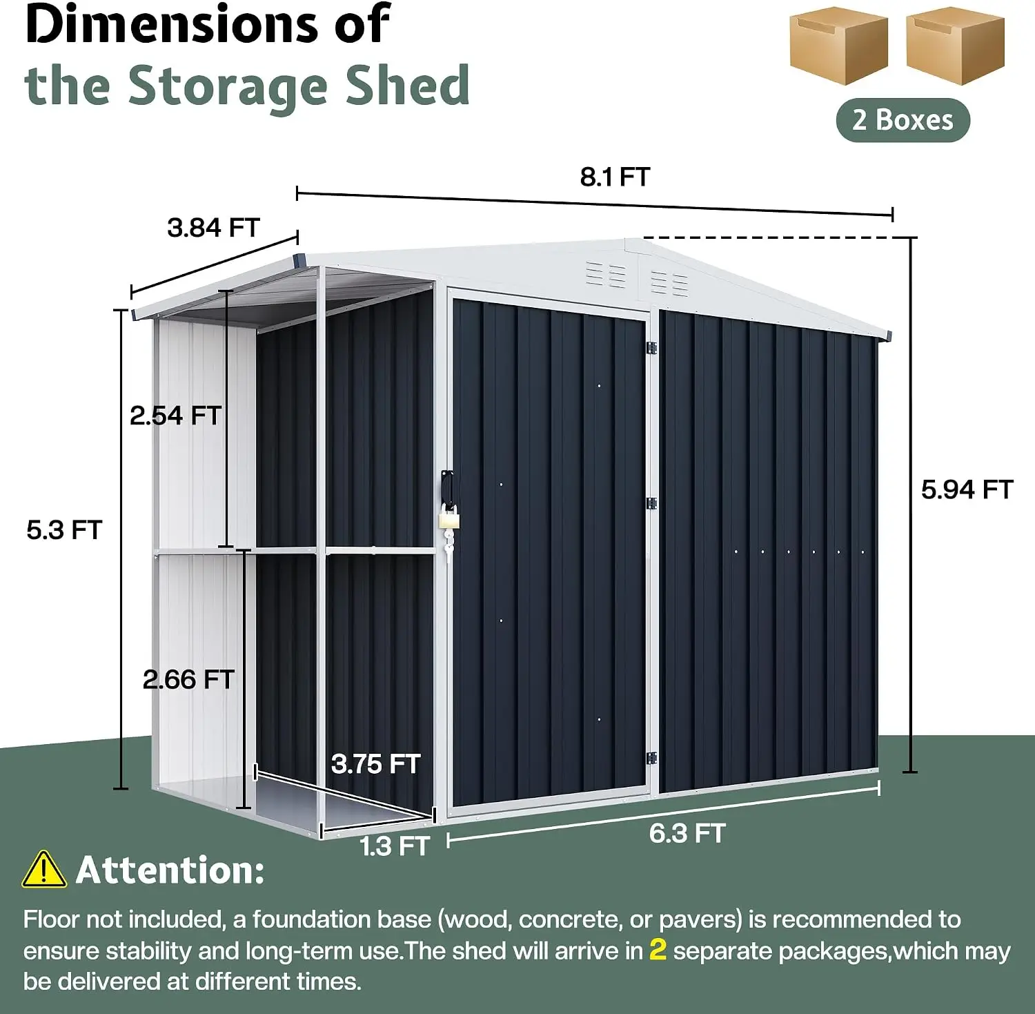 8x4x6 FT Backyard Storage Shed with Shelving Rack