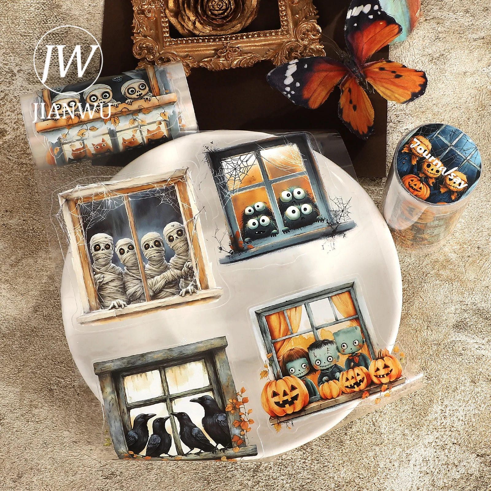 JIANWU 80mm*169cm Vintage Halloween Window Landscape Material Collage Scrapbooking PET Tape Creative DIY Journal Stationery