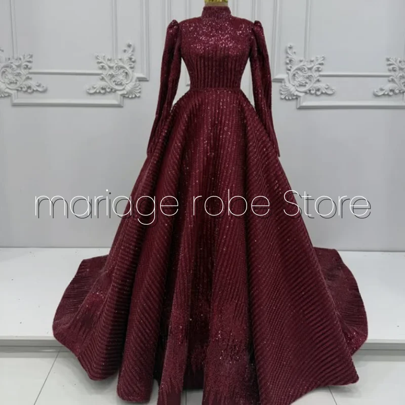 

Elegant Arabian Women's Burgundy Prom Dresses Hot 2026 New Ramadan Long Sleeve Glitter A-Line Pleated Customized Evening Gowns