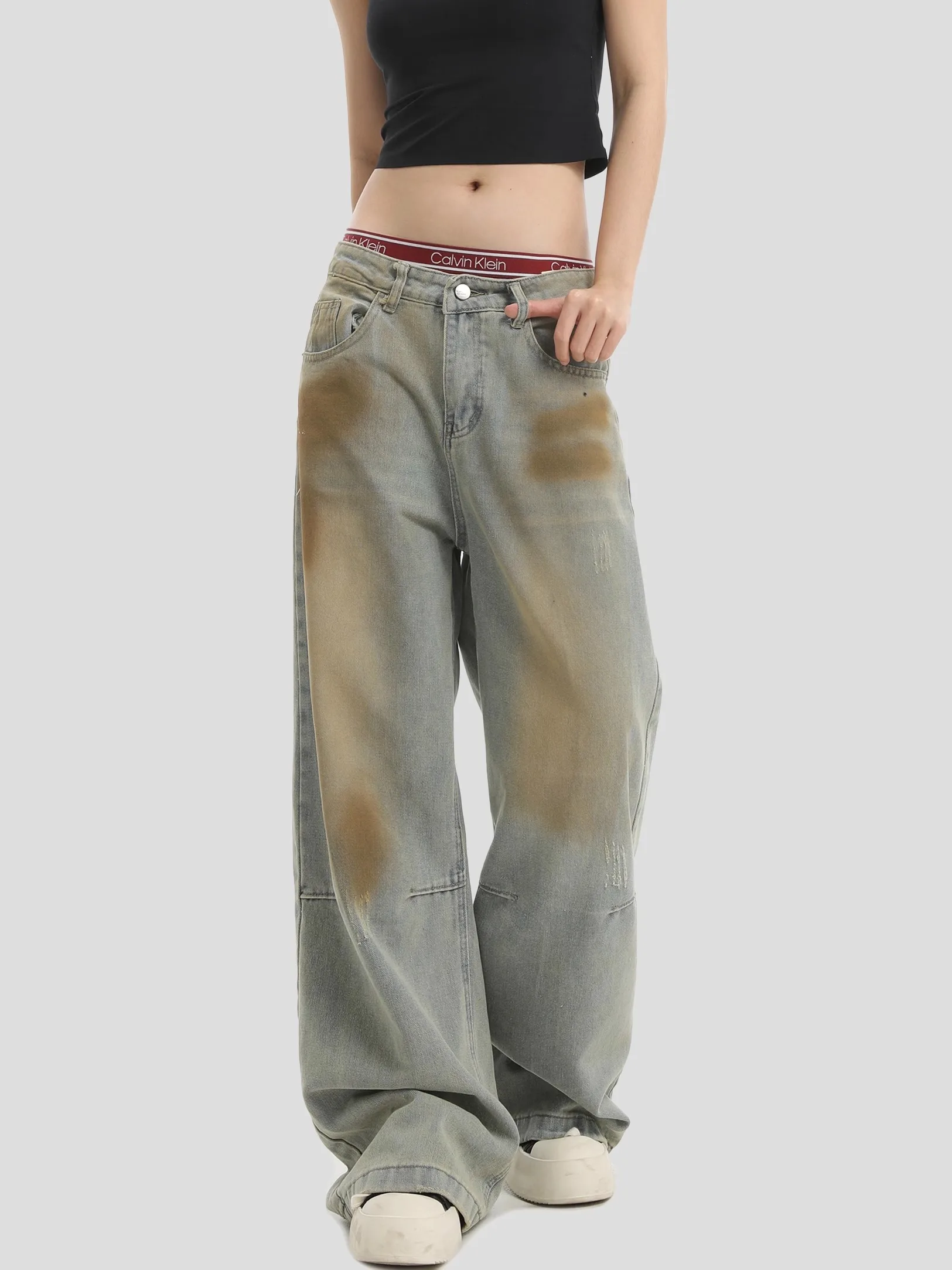 

Inskr Vintage Graffiti Washed Outdated Jeans Loose Straight Leg Long Trousers for Men Couple High Waist Cotton Polyester Blend