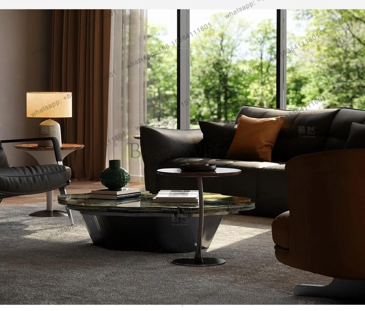 Soft coffee table living room new Italian light luxury high-end lotus leaf art creative luxury stone high-end