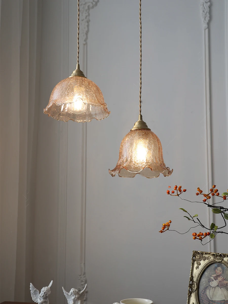 Japanese Cracked Glass Pendant Lights Hanging Lamp Vintage Brass for Bar Dining Table Bedside Bedroom Small Chandelier