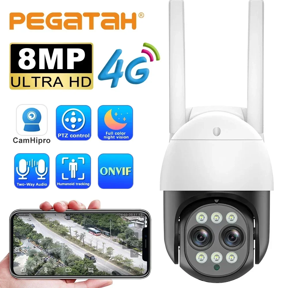

IP-камера с SIM-картой 4K, 4G, 3,6-6 мм, двойной объектив, 8 Мп, HD, ночное видение, PTZ, камера с обнаружением человека, аудио, видеокамера Camhi Pro