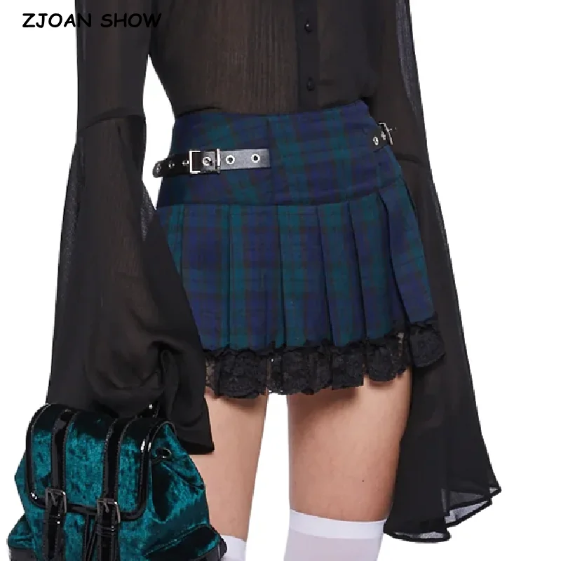 

2024 Women Side Buckle Belt High Waist Green Plaid Mini Pleated Skirt The Spice Girls Spliced Lace Ruched Hem A-line Short Skirt