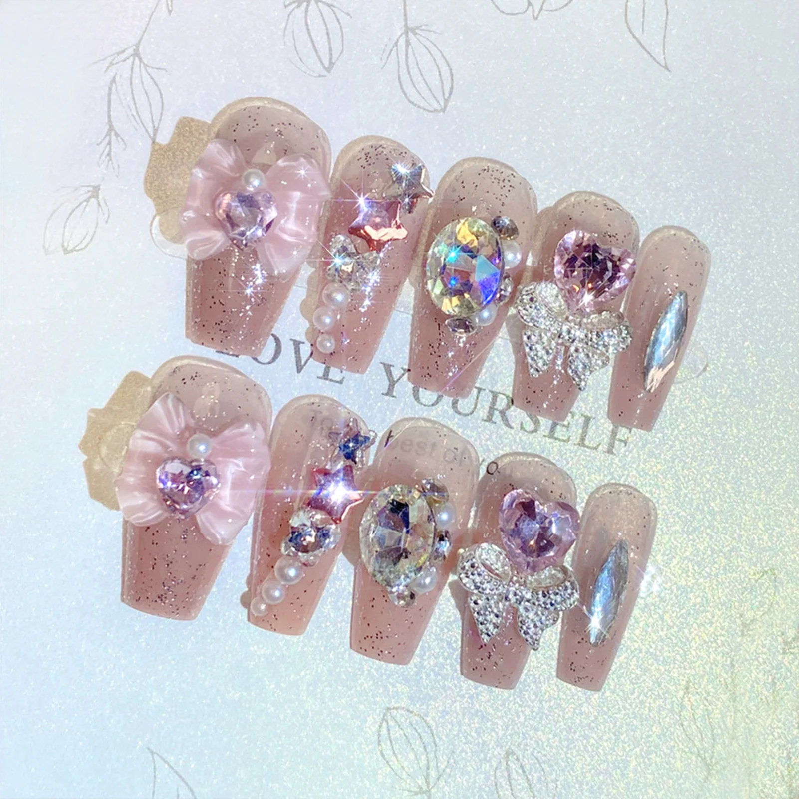 

Handmade Blush Pink False Nails 3D Bowknot Diamond Design Press on Nails Long Ballerina Wearable Manicure Nails Tips for Woman