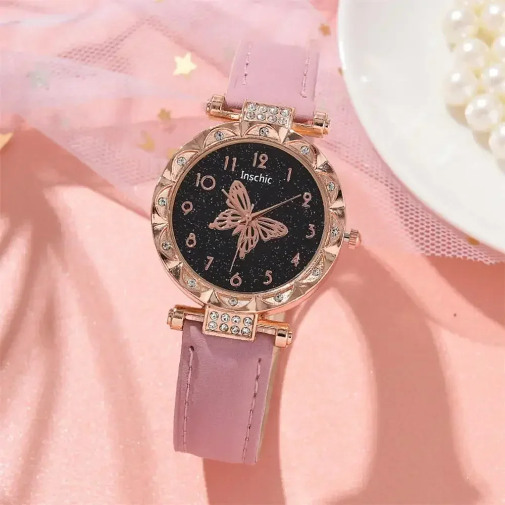 1/2 Uds. Conjunto de reloj de pulsera de cuarzo para mujer, relojes de cuarzo con perlas de diamantes de imitación de cristal de lujo, relojes de mariposa, conjunto de pulsera sin caja