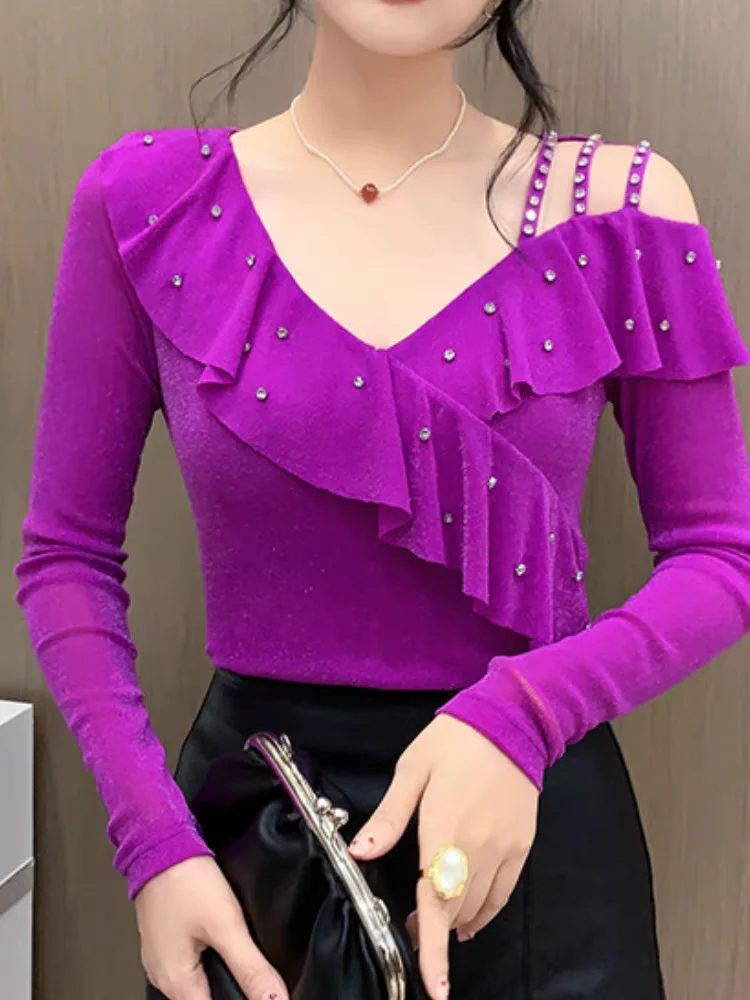 

Женская однотонная Сетчатая футболка с длинным рукавом и V-образным вырезом