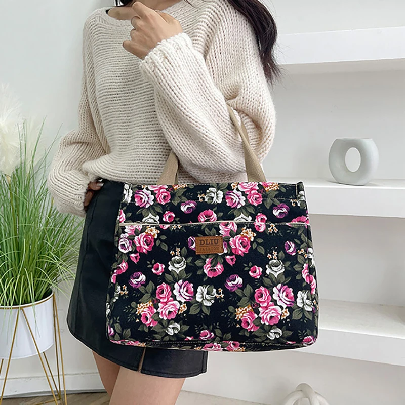 Bolsa de lona de grande capacidade para mulheres, estampa de flores, portátil, ao ar livre, praia, compras, casual, escritório, documento, bolsa, moda