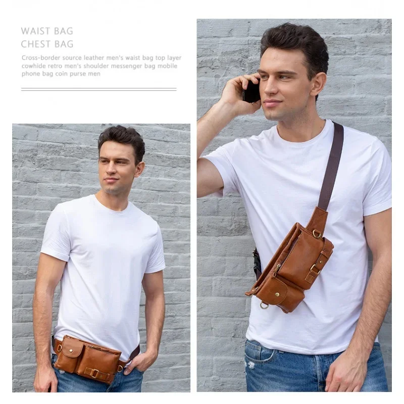 Sac de poitrine en cuir de vachette véritable pour homme, téléphone portable, luxe, mode, initié