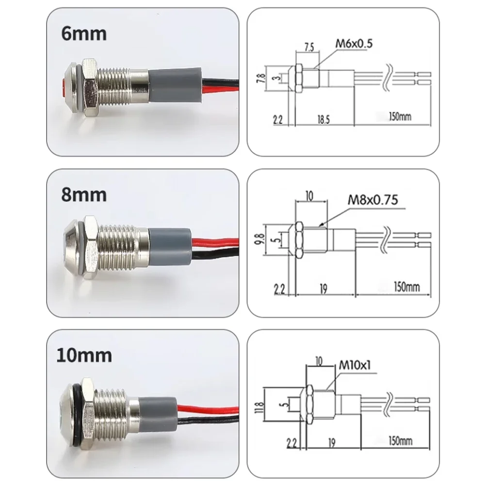 LED مؤشر معدني ضوء مقاوم للماء 6/8/10/12/16/19/22 مللي متر مع سلك 3-6 فولت 12-24 فولت مصباح إشارة أحمر أصفر أزرق أخضر زر معدني
