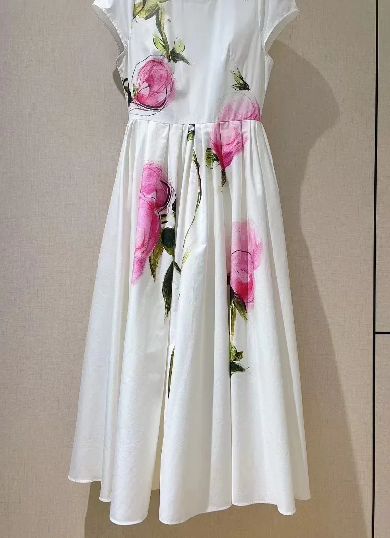 100% algodão vestido longo 2025 primavera verão moda designer feminino doce rosa flor estampas manga curta elegante branco maxi vestido