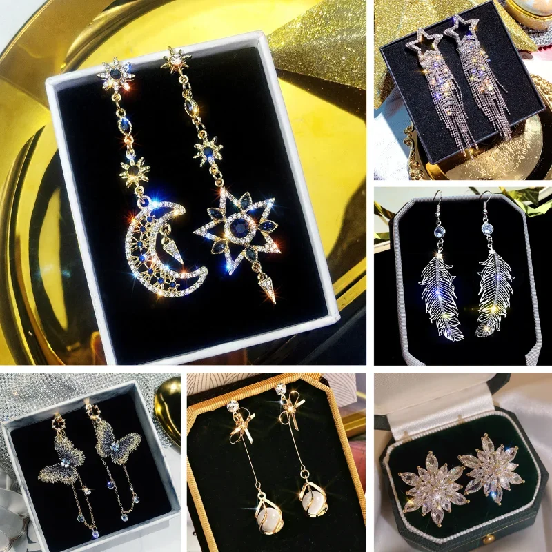 

Elegant Silver Plate Post Asymmetric Star Moon Earrings Long Gold Color Chain Inlaid Crystal Statement Tassel Sparkling Earrings