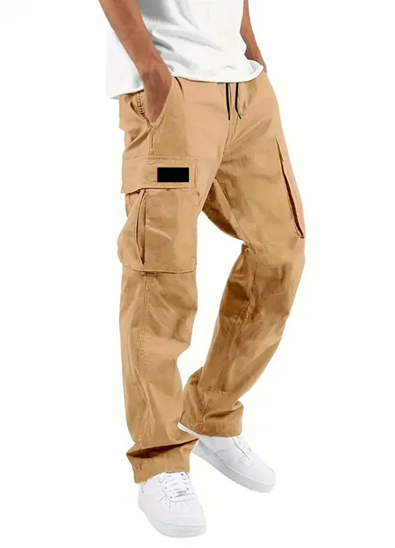 

2025European men's casual workwear sports pants with drawstring at waist, jogging and hiking, loose pants with multiple pockets