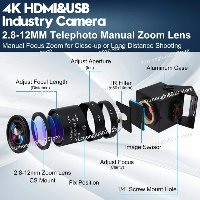 ELP 4K HD-MI USB Camera IMX415 3840*2160  H.264 H.265 Manual Zoom Industrial USB Security Camera For Windows Android Mac Linux