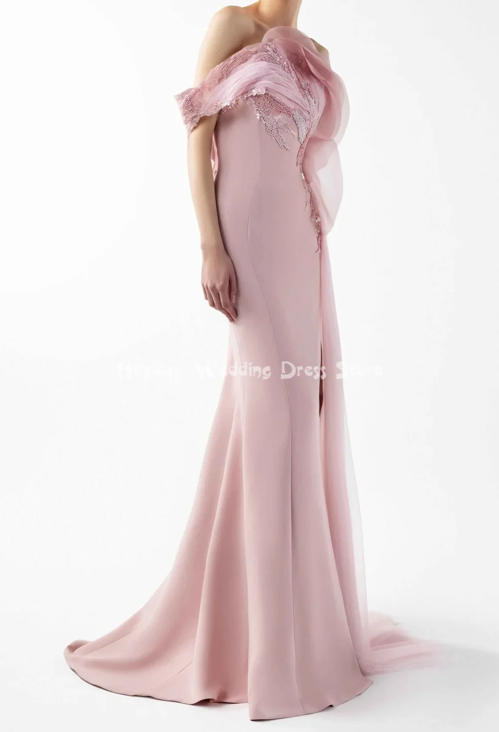 헤이데이 여성용 스트랩리스 비즈 장식 스플릿 머메이드 럭셔리 두바이 이브닝 드레스 짧은 소매 티어드 러플 우아한 드레스 2025