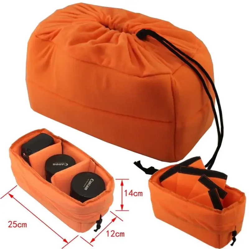 DSLR Camera Insert Bag Shockproof Partition Padded Inner Case with Drawstring Thickened Velvet Camera Inner Lens Bag(Orange)