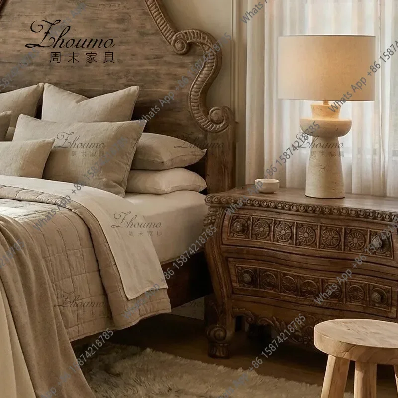 X32 French Retro Solid Wood Carving Flower Bed Double Antique 1.8 Meters Old Double Bed Villa Bed