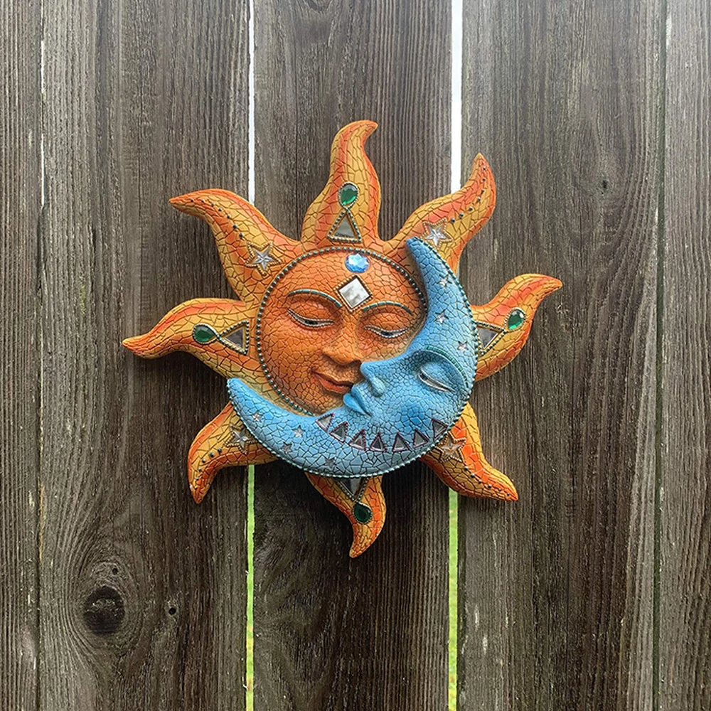 Colorful Metal Carving Celestial Mosaic Sun and Moon Wall Hanging Ornament Plaque Sculpture for Indoor Outdoor Home Wall Decor