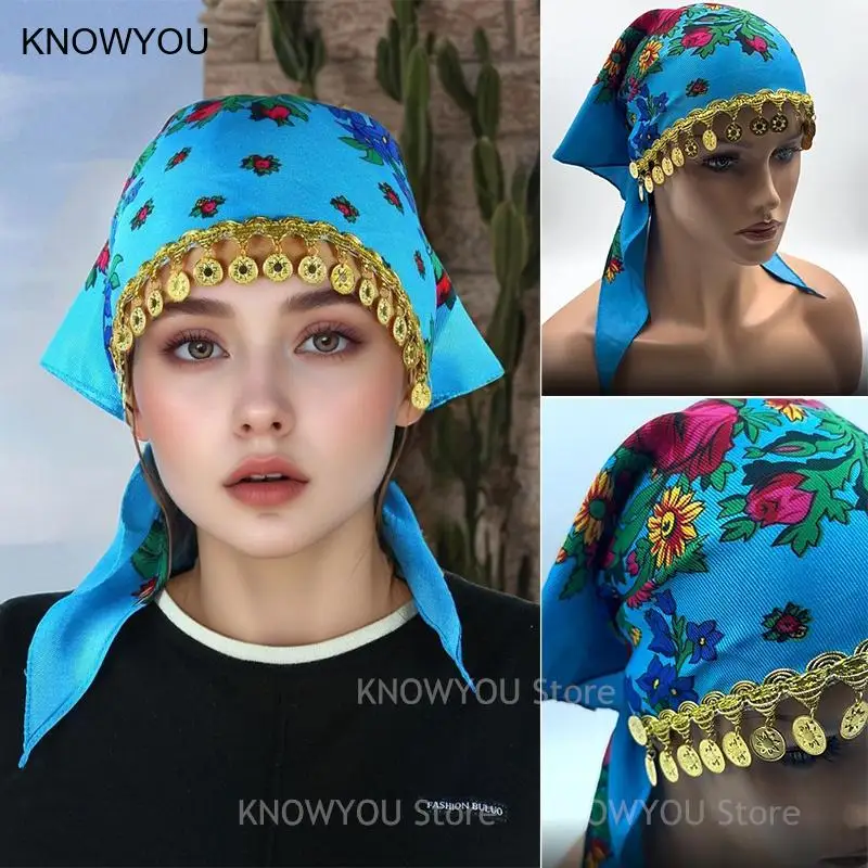 

Fashion Floral Print Hijab Head Scarf Women Headband Sequin Tassel Scarves Female Bandana Short Kerchief Luxury Handkerchief