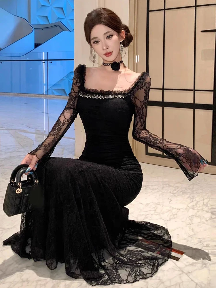 Abito da sera elegante per celebrità da donna Lady Sexy Sheer Lace Diamond Flower Fishtail Robe Femme Backless Party Banquet Vestidos