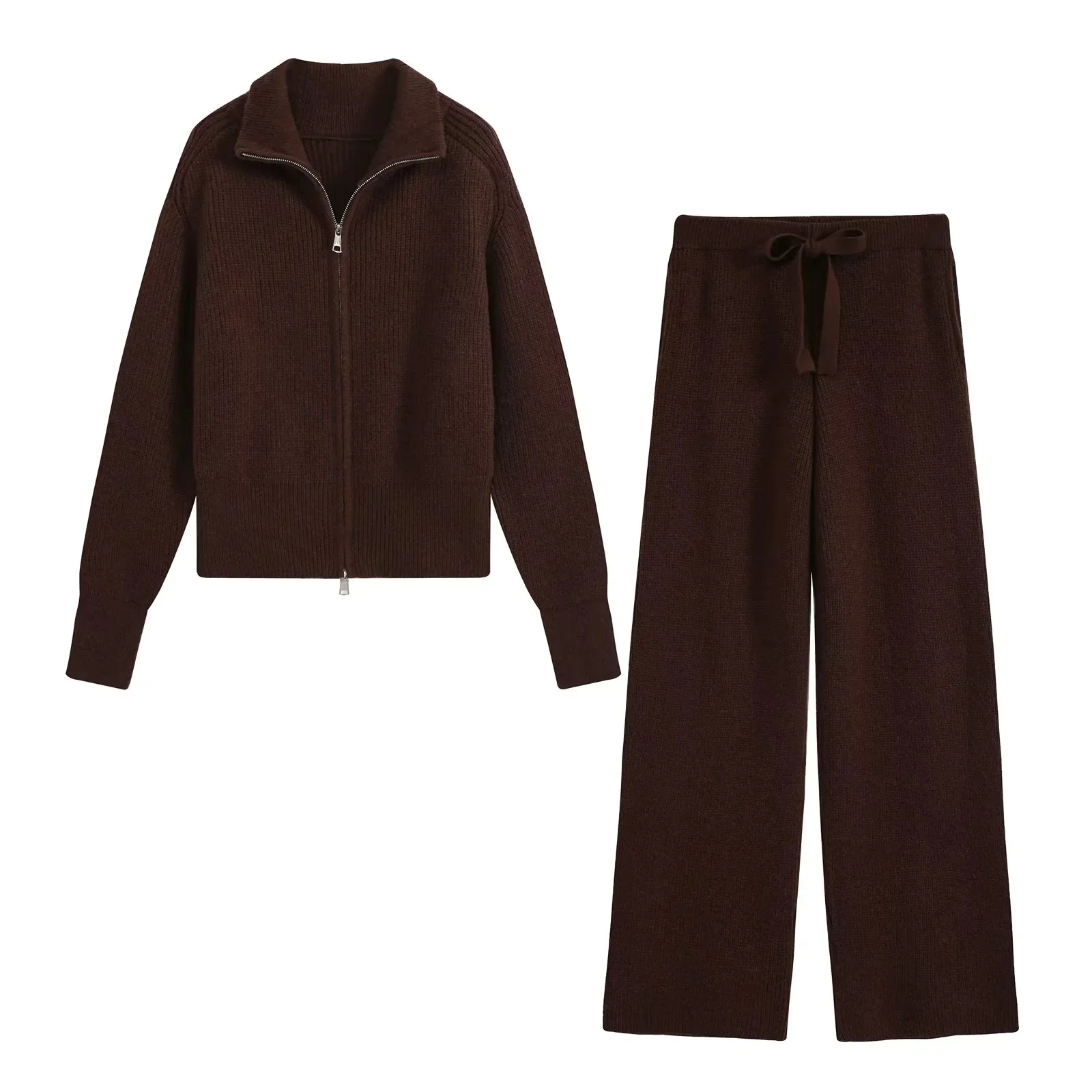 KONDALA Damen Trendiges Pendler-Hosen-Set Reißverschluss-Revers-Strickjacke Elastische Taille Hose Neue Mode 2026 Herbst Winter Freizeit-Set – Detail 15