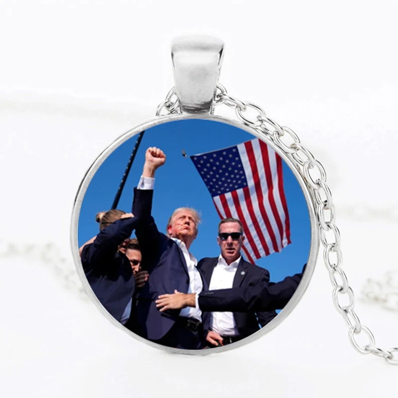 Trump 2024 Never Surrender Necklace Round Glass Dome Pendant Necklaces For Men Women