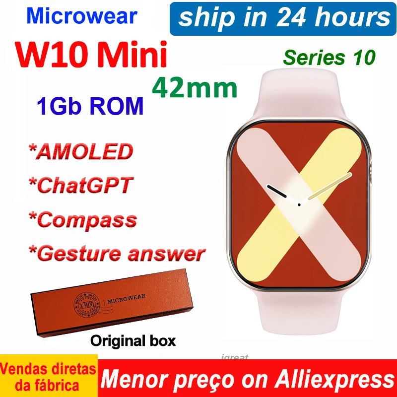 ON Sale W10 Mini AMOLED Smart Watch 42mm Watch X Series 10 ChatGPT 1GB ROM Compass NFC W10 Pro mini Smartwatch Men Women