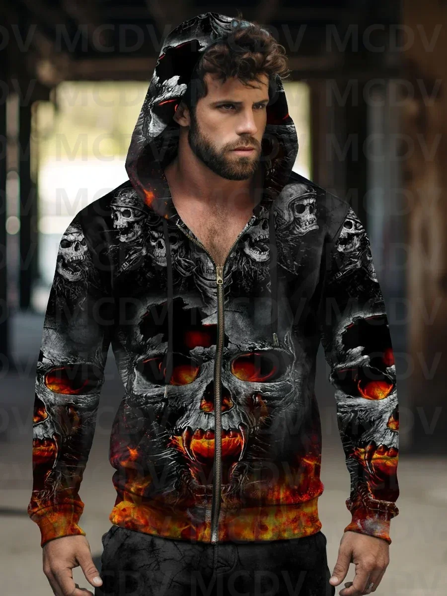 Men's Skull Zip-Up Hoodie Sweatshirt Halloween Zipper Hoodies