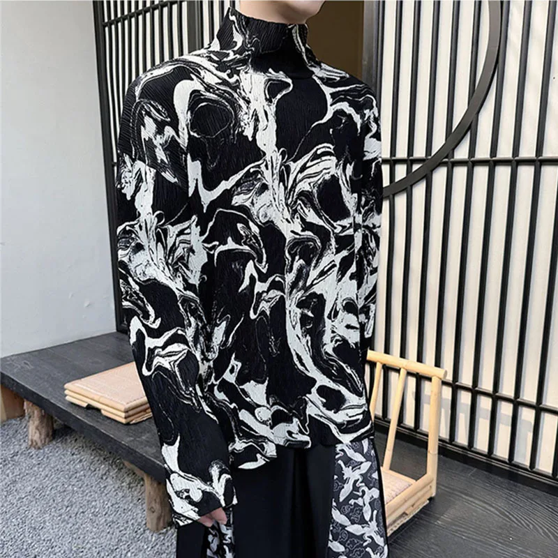 IEFB Long Sleeved Pleated T-shirt Men Wear New Trendy Fashion Folded Half High Collar Chinese Style Digital Printed Top 9C5157