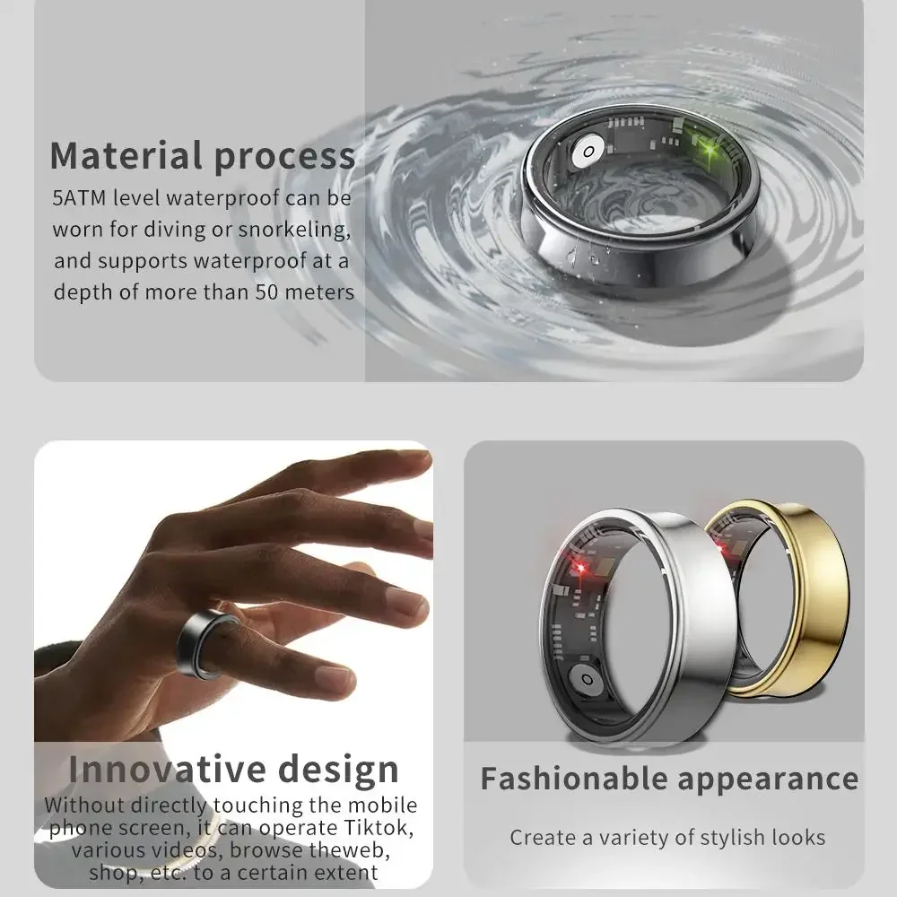 Smart Ring Heart Rate Blood Oxygen Sleep Stress Monitor with Exercise Tracking Short-Video Scroll & Camera Control Features