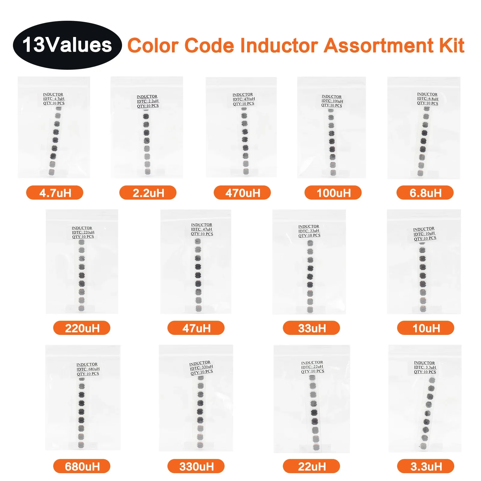 130pcs CD54 SMD Power Inductor Assortment Kit, 2.2/3.3/6.8/10/100/470/680UH Chip Inductors High Quality 13Values Wire Wound Chip