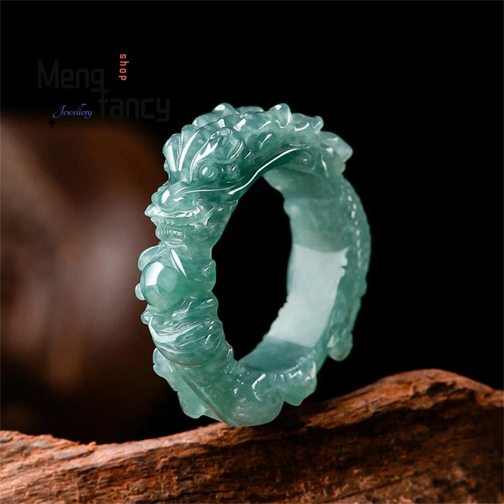 

High-grade Natural A-goods Jadeite Blue Water Dragon King Three-dimensional Carving Ice Jade Ring Exquisite Fashion Fine Jewelry